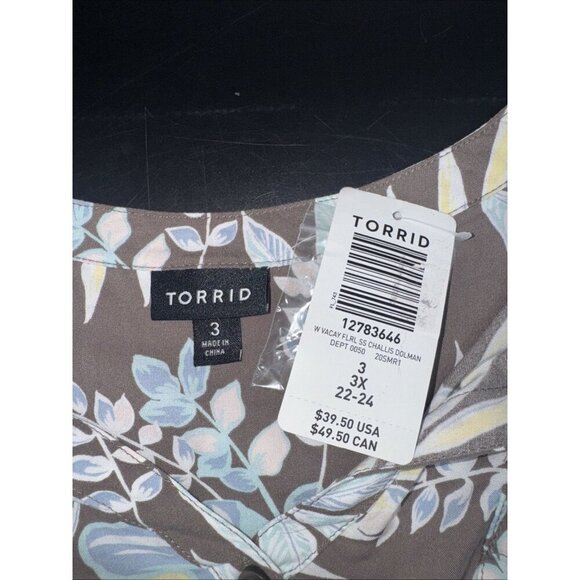 Torrid Women’s Taupe Blue Floral Challis Dolman Sleeve Button Blouse Top 3X NEW - Picture 5 of 9